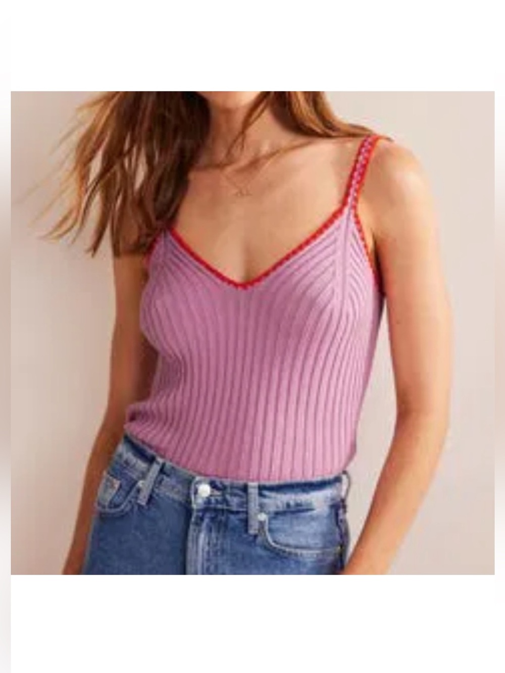 Boden Ribbed V-Neck Camisole in Pink with Red Trim